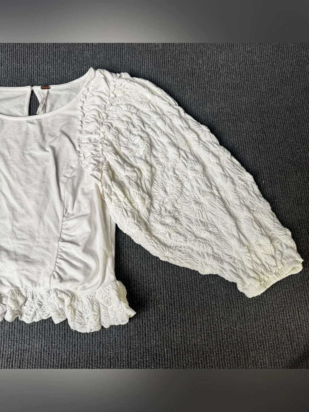 Free People Ivory Textured Puff Sleeve Peplum Blouse Size M